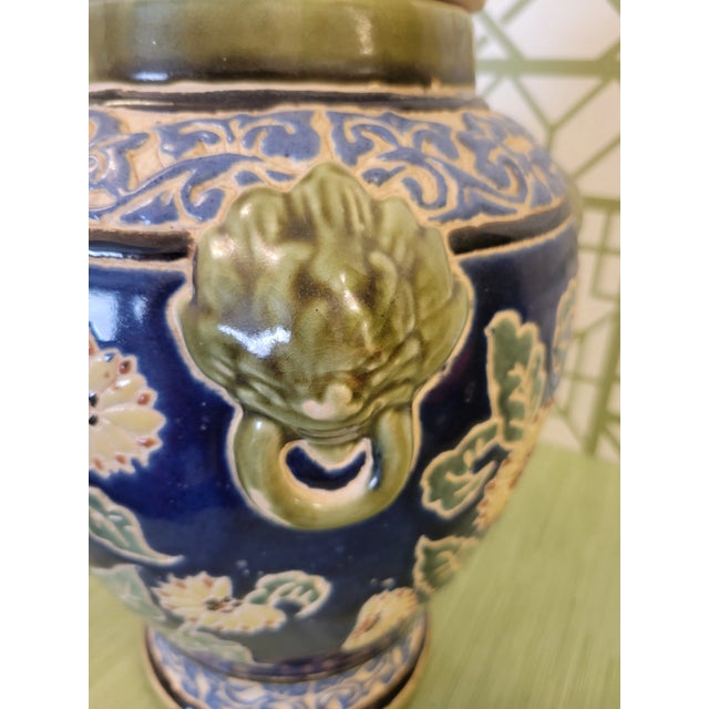 Vintage Navy Blue and White, Green Clay Fired Foo Dog Italian Floral Ginger Jar Decor For Sale - Image 9 of 11