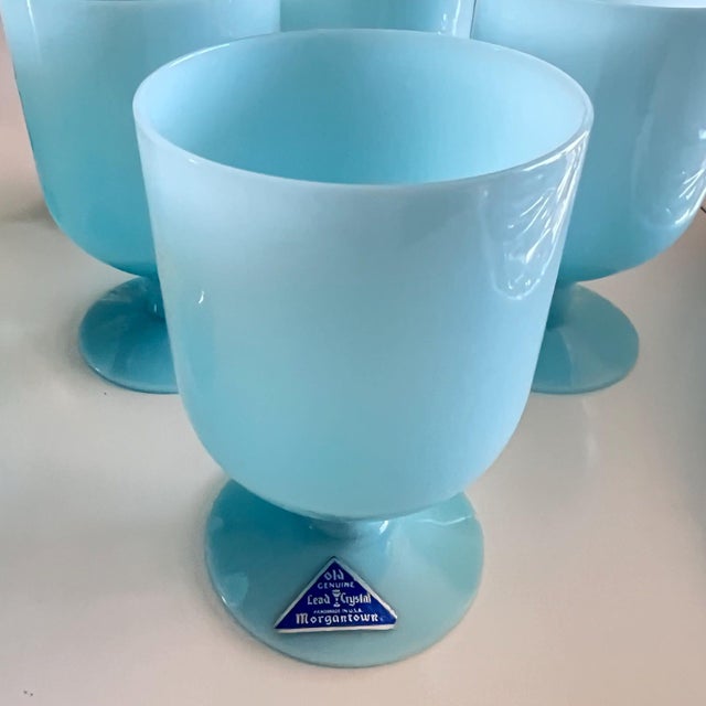 Morgantown Glass 1930s Pretty set of 7 Morgantown Turquoise blue opaline water or wine glasses // Lead crystal // french blue glasses // original label For Sale - Image 4 of 8