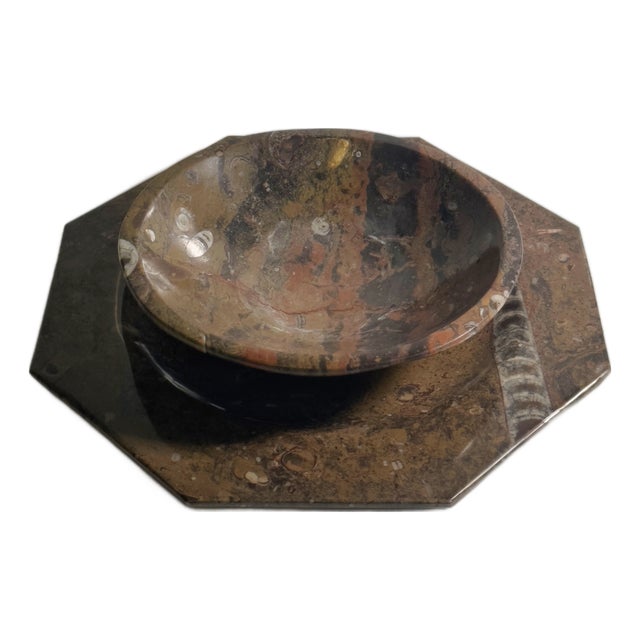 Ammonite Fossil Marble Placemat Bowl and Plate, 1970s, Set of 2 For Sale