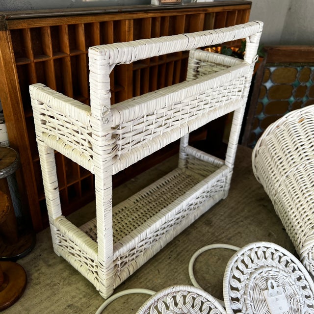 Wood Vintage White Wicker Bathroom Set | Shelf Towel Rings Wastebasket | Rustic Boho Cottagecore Decor For Sale - Image 7 of 8