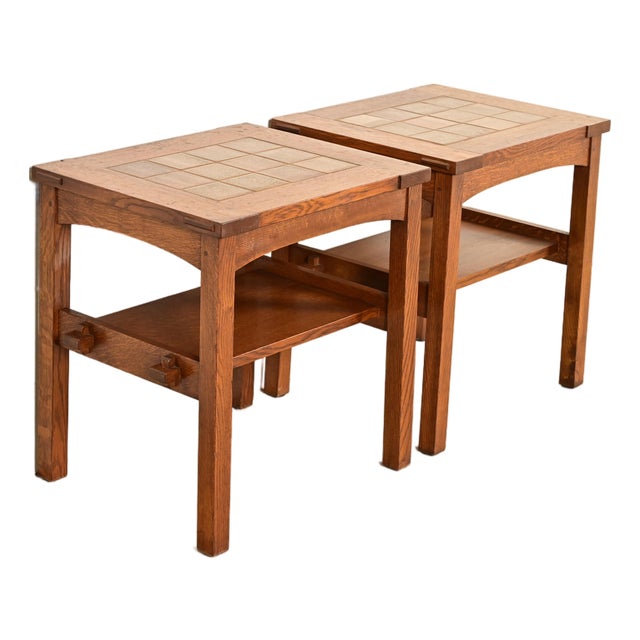 Stickley Mission Oak Arts & Crafts Tile Top Two-Tier Side Tables, Pair For Sale