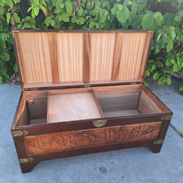 Wood 1960s George Zee Hand-Carved Chinese Camphor Wood & Brass Trunk For Sale - Image 7 of 12
