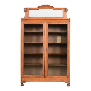Antique Victorian Carved Oak Two-Door Bookcase, Circa 1890s For Sale