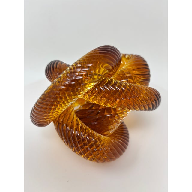 Signed Amber & Cognac Art Glass Infinity Knot Sculpture, Serpentine Texture For Sale - Image 14 of 17