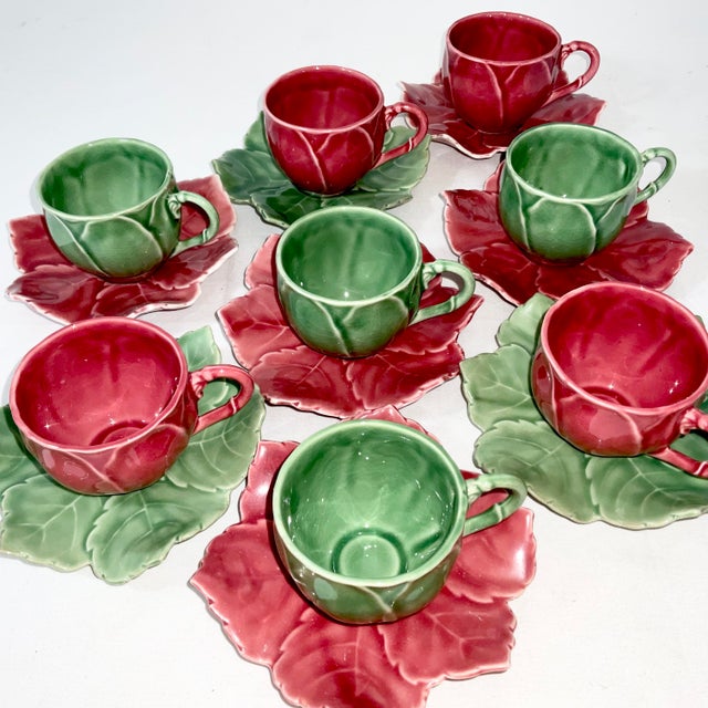 Ceramic 1970s Vintage Hollywood Regency Boho Chic Majolica Cabbageware Demitasse Cups & Saucer, Service for 8 - 16 Pieces, Christmas For Sale - Image 7 of 11