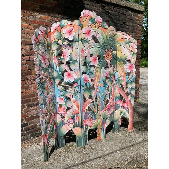 Fabulous authentic mid-century vintage 5 panel carved wood room divider. Carved and hand painted (can even see the brush...