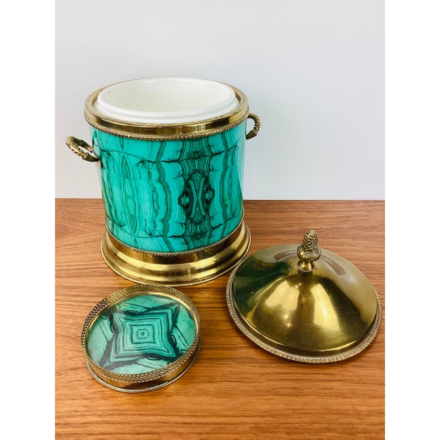Aldo Tura Vintage Aldo Tura Style Hollywood Regency Malachite & Brass Ice Bucket & Bottle Coaster Set / Barware For Sale - Image 4 of 8