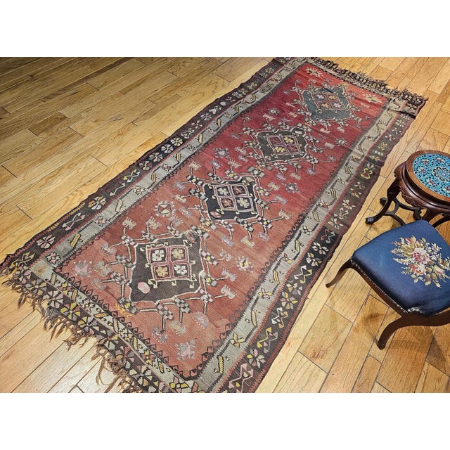 Vintage Turkish Tribal Kilim, Flat-Woven Medallion Pattern, Burgundy & Ivory, 5’ X 11’ For Sale - Image 12 of 12