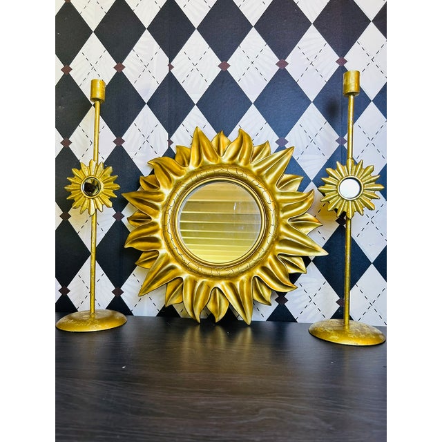1970s Midcentury Modern Gold Sunburst Wall Mirror, Hollywood Regency-Style , 15" For Sale In Boston - Image 6 of 18