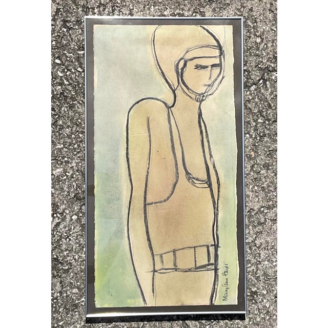 Vintage Boho Original Pastel and Watercolor Figurative Drawing on Paper For Sale - Image 4 of 6