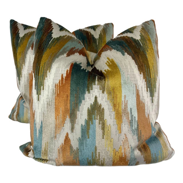Chevron Cut Velvet in Harvest 22" Pillows-A Pair For Sale