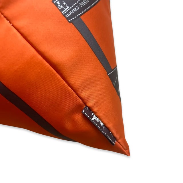 Modern Hermes Bolduc Ribbon Orange Vintage Silk Scarf Pillow For Sale - Image 3 of 4
