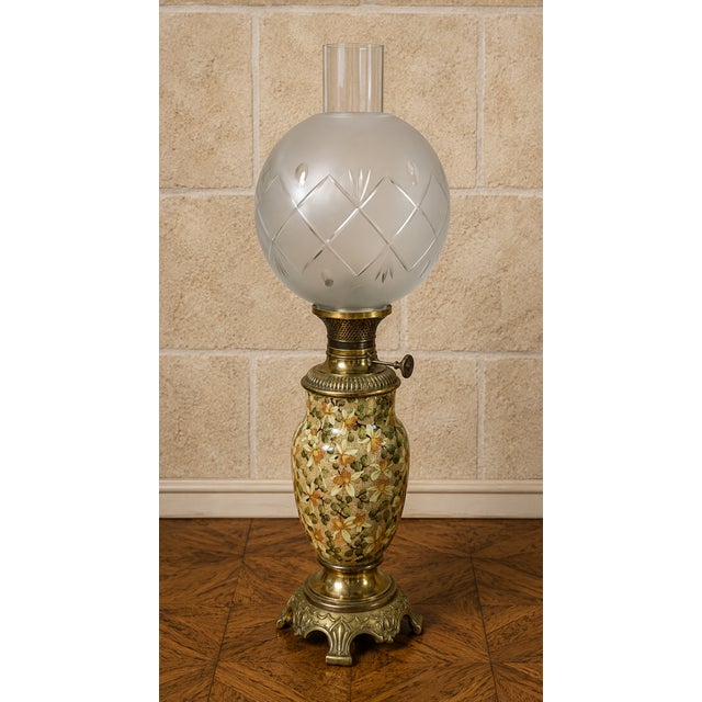 Art Nouveau Oil Lamp in Glazed Earthenware with Floral Relief Decoration on Gilt Bronze Base, 1890s For Sale - Image 6 of 6