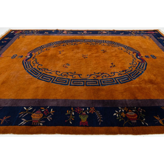 1920s Antique Art Deco Chinese Nichols Style Rug - Mandarin Orange & Indigo 10x14 For Sale - Image 5 of 6