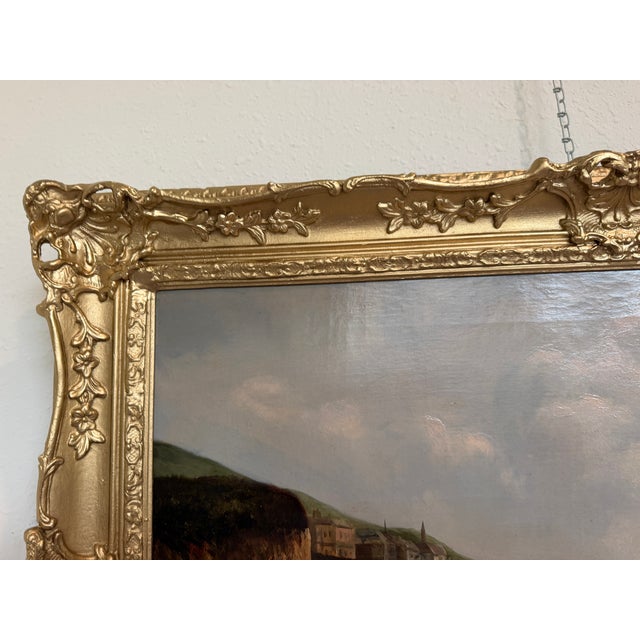 Gray Antique 1881 Signed European Coastal Seascape Oil Painting Harbor Landscape - Signed For Sale - Image 8 of 15