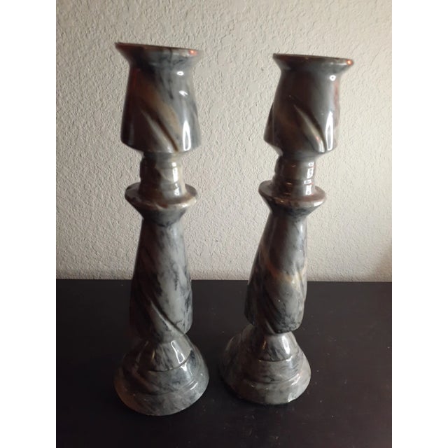 1980s 1980s Pair of Solid Grey Marble Candle Holders For Sale - Image 5 of 5