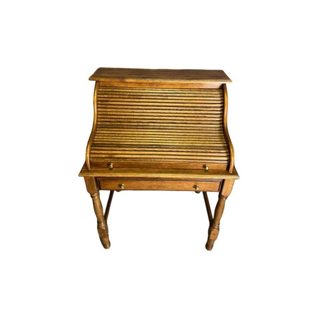 Traditional Vintage C .1970's Solid Oak Bradford Style Mini Roll-Top Desk For Sale - Image 3 of 11