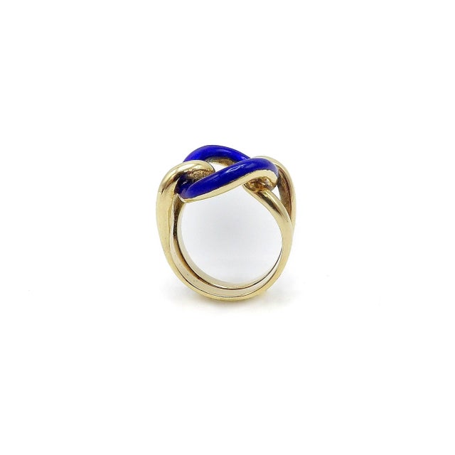 Metal Vintage 14k Gold Blue Enamel Lover's Knot Ring, Size 6 For Sale - Image 7 of 10