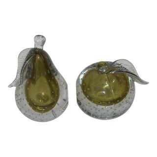 Mid-Century Modern Barovier & Toso Murano Glass Flecked Gold Greenish Pear and Peach Bookends - the Pair For Sale