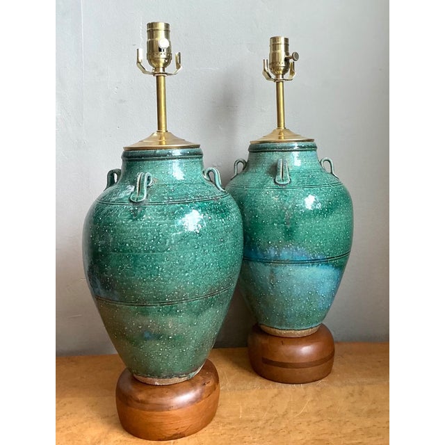 Rustic Vintage Green Glazed Ceramic Table Lamps - Pair For Sale - Image 3 of 12