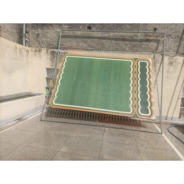 Kelly Green Handmade Cotton Area Scalloped Dhurrie, Moss Green, Cream and Mustard Border Rug-6'x9' For Sale - Image 8 of 13