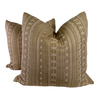 Thibaut "Charter Stripe Embroidery" in Camel 22" Pillows-a Pair For Sale
