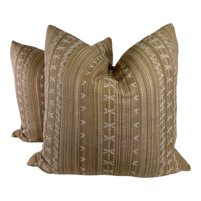 Thibaut "Charter Stripe Embroidery" in Camel 22" Pillows-a Pair For Sale