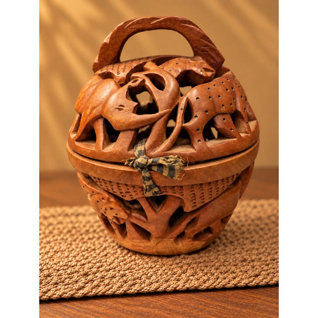 Boho Chic 1970s Hand-Carved Openwork Wood Safari Animal Basket Sculpture For Sale - Image 3 of 11