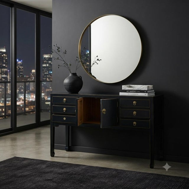 1990s 47" Black Wood Grain Pattern 6 Drawers Console Side Altar Table For Sale - Image 5 of 12