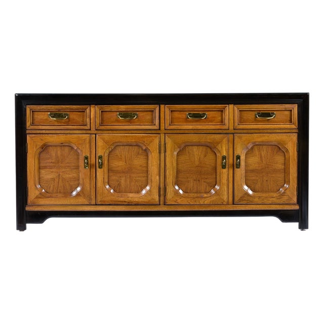 Thomasville Embassy Wood Inlay Chinoiserie Inspired Brass Accent Credenza For Sale