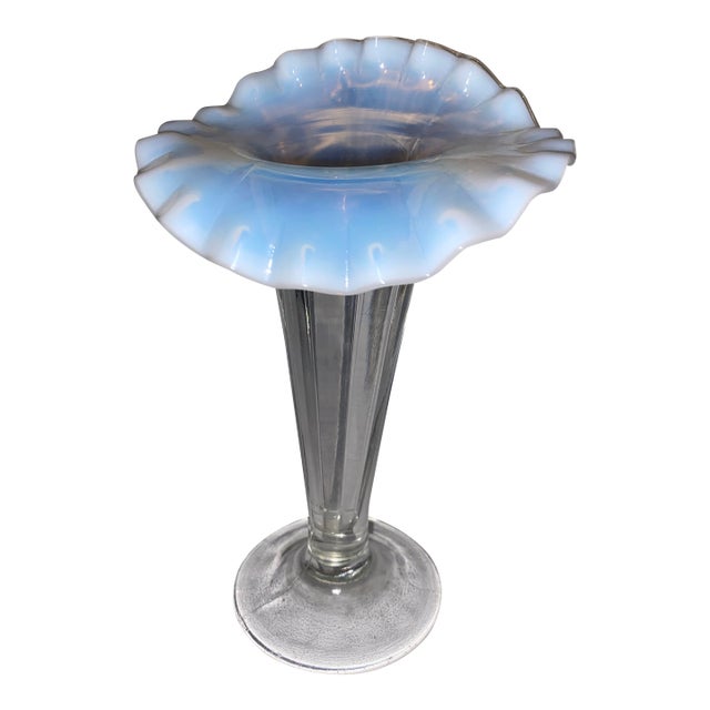 Northwood Glass Opalescent Ruffled Vase With Clear Ribbed Stem. For Sale