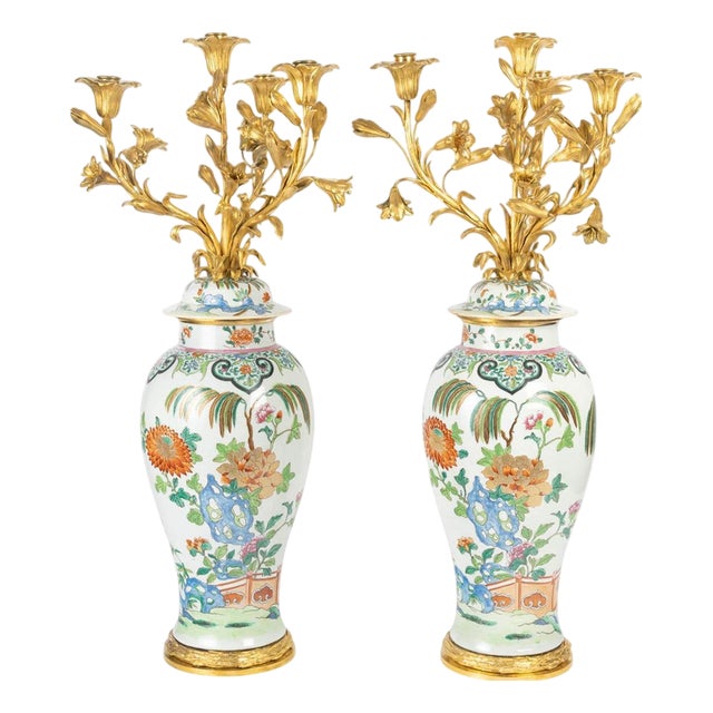 Chinese Style Porcelain and Gilt Bronze Candelabras, 19th Century, Set of 2 For Sale