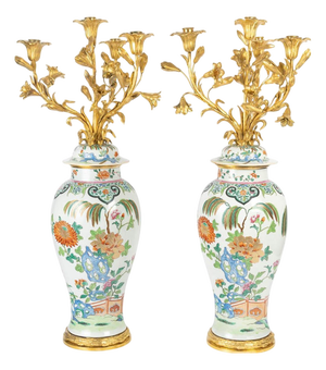 Chinese Style Porcelain and Gilt Bronze Candelabras, 19th Century, Set of 2