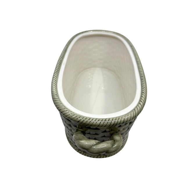 Rustic European Vintage Basketweave Green Cachepot / Decorative Bowl With Handles For Sale - Image 3 of 8