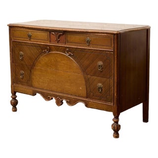 Vintage Art Deco Waterfall Dresser With Decorative Inlay and Ring Pulls For Sale
