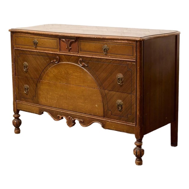 Vintage Art Deco Waterfall Dresser With Decorative Inlay and Ring Pulls For Sale
