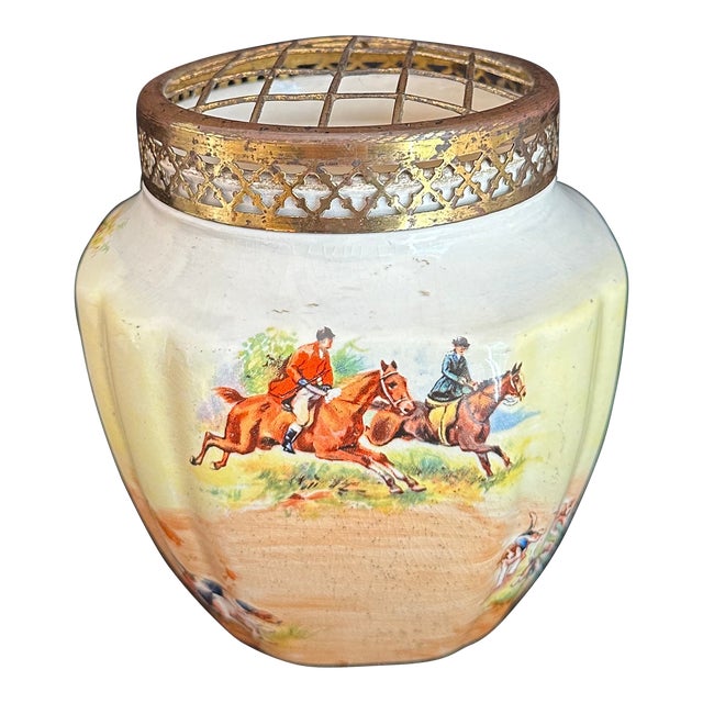Late 19th Century Fox Hunt Scene Vase With Brass Flower Grid For Sale