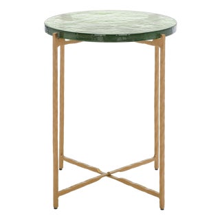 Tengah Round Glass Accent Table in Green / Brass For Sale