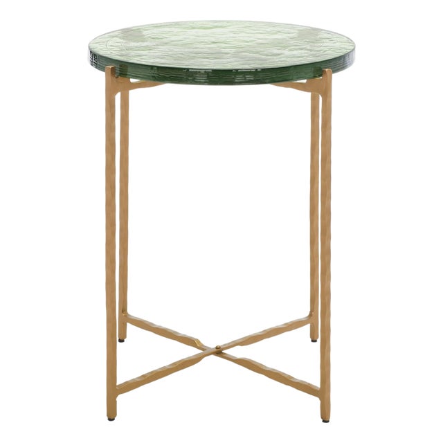 Tengah Round Glass Accent Table in Green / Brass For Sale