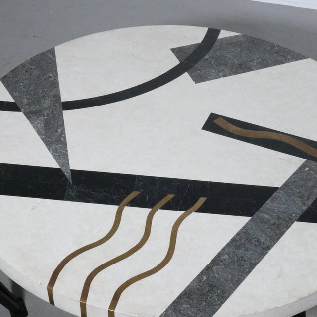 Memphis Tavola Oggetti Marble and Brass Abstract Inlaid Coffee Table For Sale - Image 3 of 6