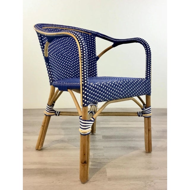Wood Modern Blue and White Vinyl Bamboo Arm Chair For Sale - Image 7 of 7