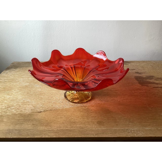 Mid Century Modern Red Amberina Glass Footed Centerpiece Fruit Bowl
