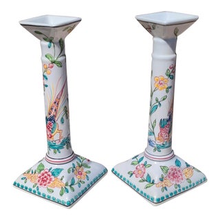 Vintage Hand Painted Candle Holders, Made in Portugal - A Pair For Sale