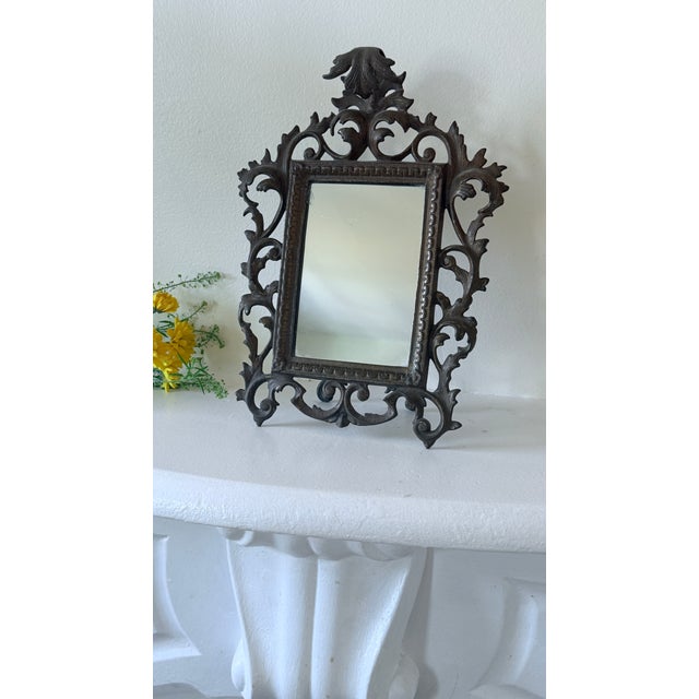 Metal Antique Rococo Revival Bronzed Metal Easel-Back Tabletop Mirror For Sale - Image 7 of 14