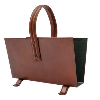 Magazine Rack in Leather and Brass from Jacques Adnet, 1950s For Sale