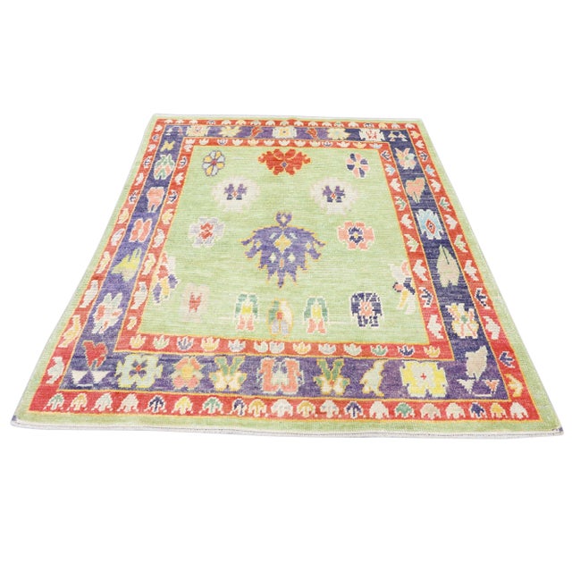 Early 21st Century Green Multicolor Handwoven Wool Turkish Oushak Rug 5'5'" X 6'6'" For Sale - Image 9 of 9