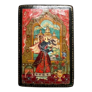 Small Lacquered Painted Box With Tzar Scene on Lid, Signed For Sale