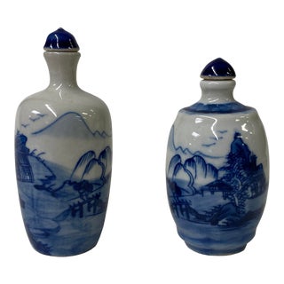 2 X Chinese Porcelain Snuff Bottle With Blue White Scenery Graphic For Sale