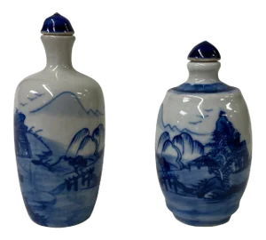 2 X Chinese Porcelain Snuff Bottle With Blue White Scenery Graphic