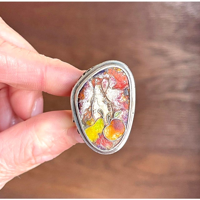 Metal 1910s Enamel Still Life Silver Ring Size 7.5 For Sale - Image 7 of 11